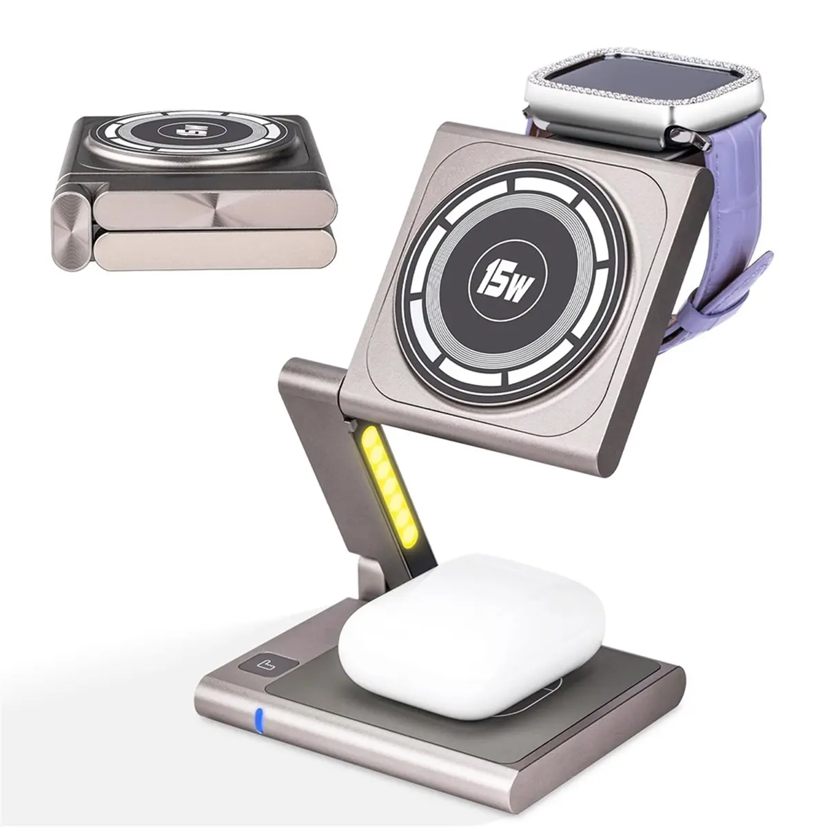 goodidea Fast Wireless Charging Station Foldable for Travel,Modern All Aluminum Alloy Body 4 in 1 Wireless Charger Titanium