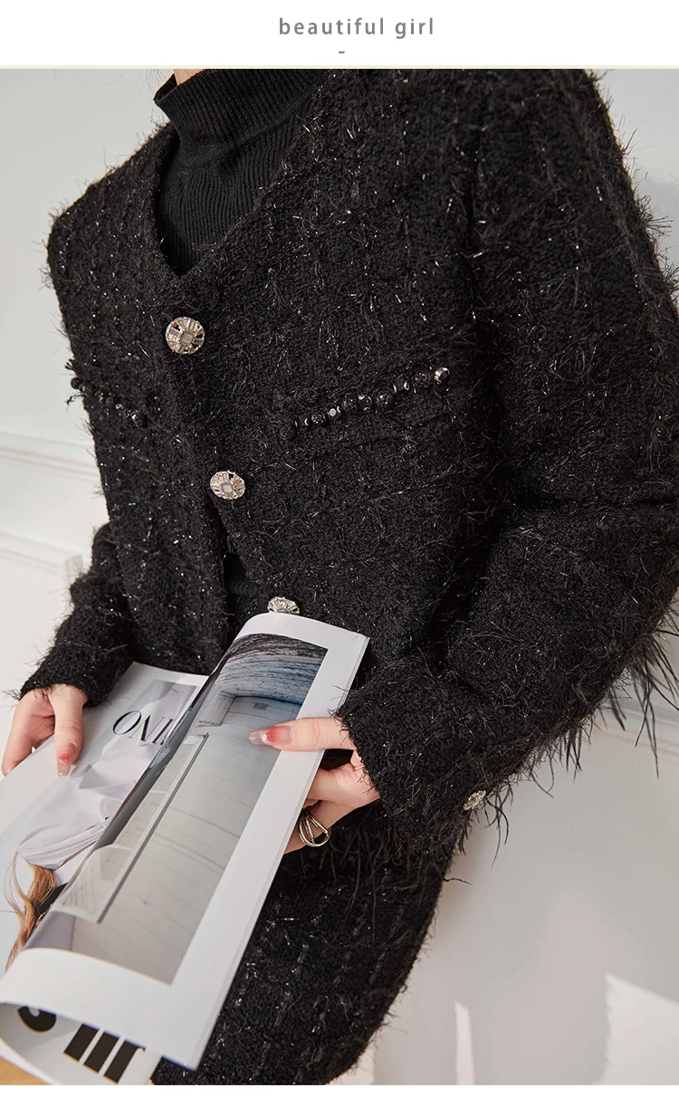 Women 2024 New Explosive Black Round Neck Coarse Flower Feather Coat Light Luxury Jacket