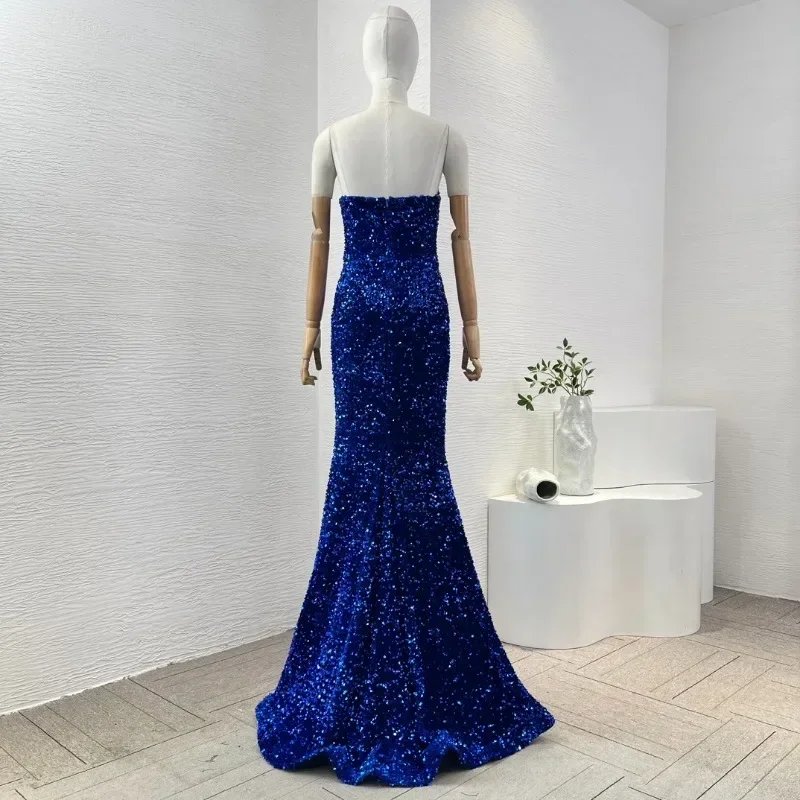 Women's Deep V Neck Sequined Blue or Green Sexy 2025 New Fashion Ladies High Quality Elegant Blue Tube Maxi Dresses for Party