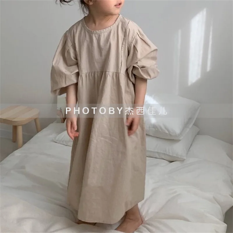 Spring Autumn Korean Style Girls Dress Family Matching Outfits Kids Lantern Sleeve Loose Casual Dress Clothes for Baby and Mon