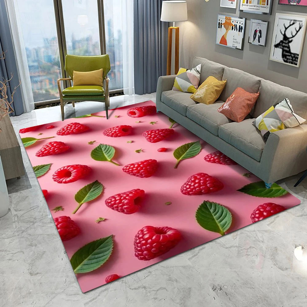 Alfombra con estampado de frutas de frambuesa, alfombra lavable con fondo rosa, alfombra con patrón de hojas de bayas vívidas para sala de estar, decoración del hogar