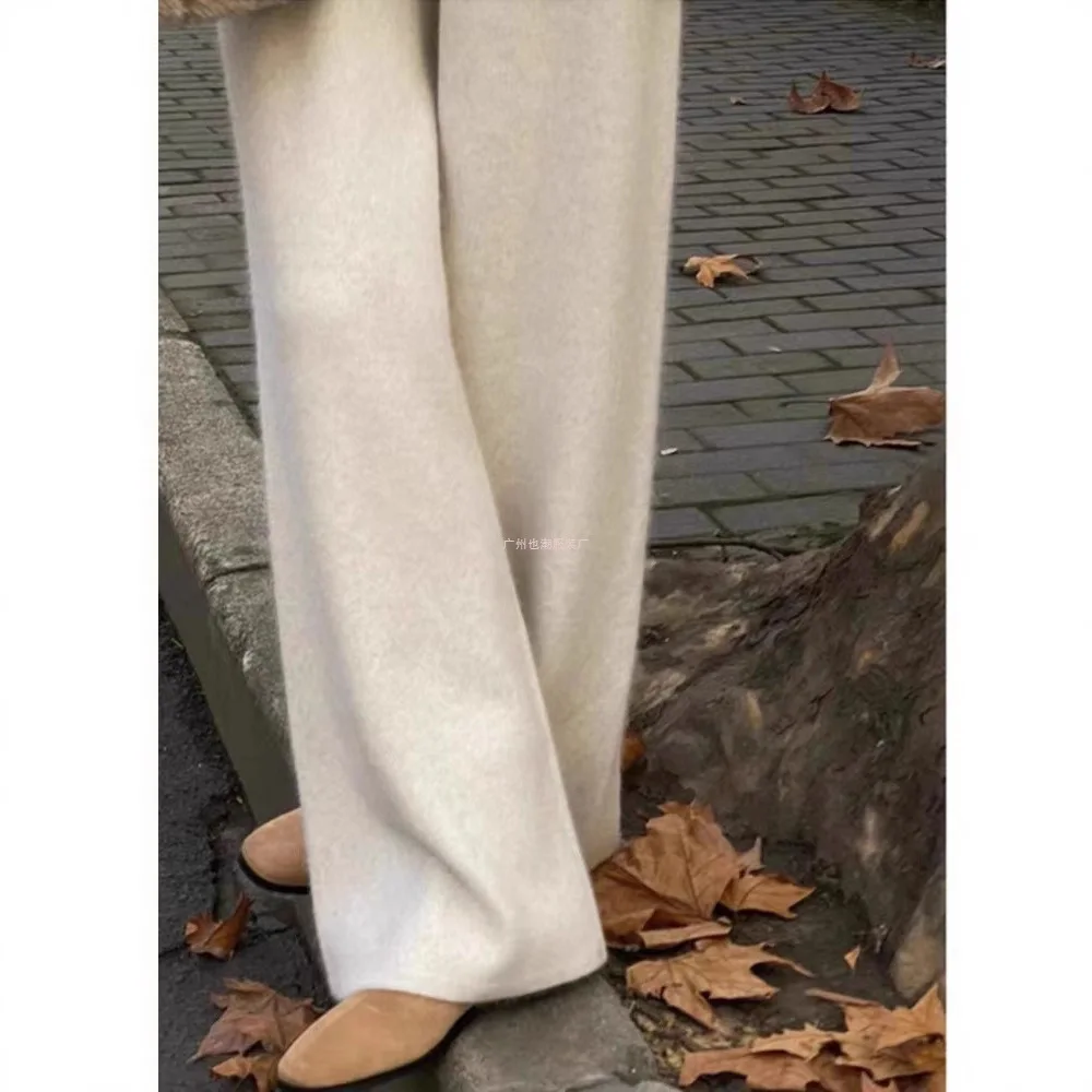 Autumn Winter Thickened Wool Wide Leg Pants Women Draped Knitted Straight Leg Long Pants Cashmere Outerwear Small Size Floor-...