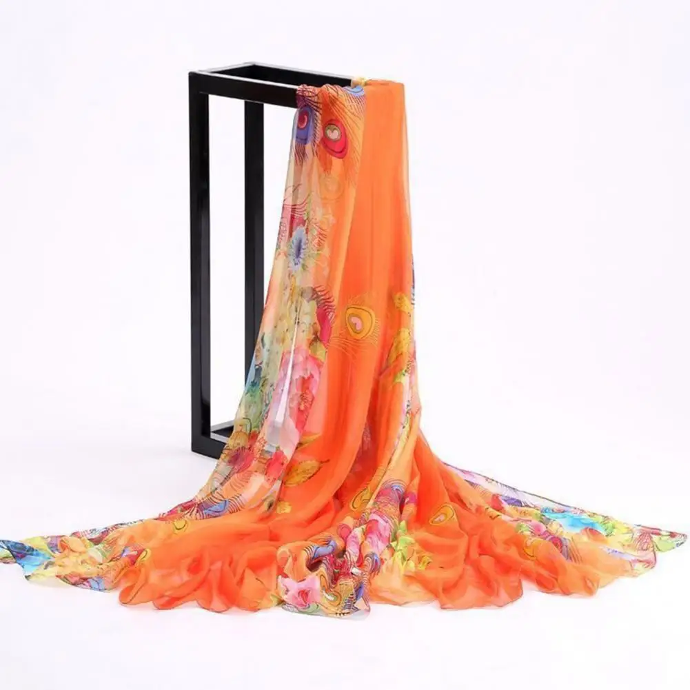 Long Chiffon Shawl Vibrant Color Printing Chiffon Gauze Scarf Oversized Sun Protection Shawl Extra Beach Towel for Swimwear Tops