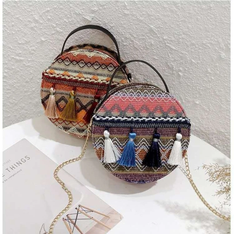 

2025 New Spring/Summer Ethnic Round Woven Bag - Women's Tassel Straw Mini Crossbody - Chain Shoulder Small Purse