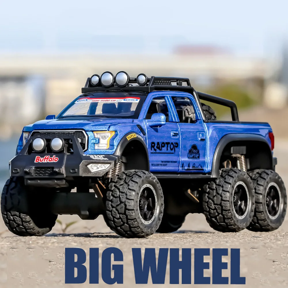 1:28 Big Wheel F150 6X6 SUV Automodell Spielzeug Alloty Diecast Fahrzeug 6 Türen geöffnet Sound Licht zurückziehen Gummireifen Spielzeug Kindergeschenke