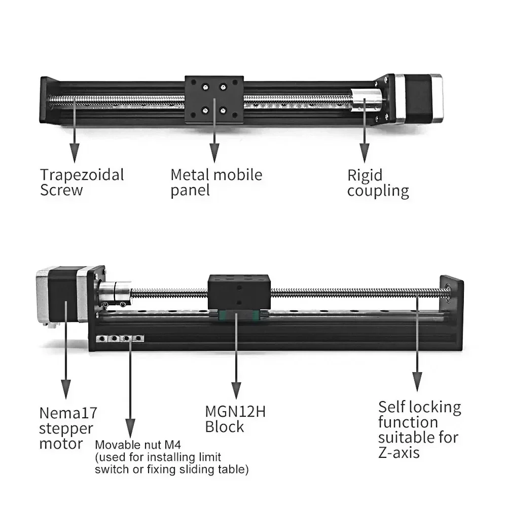 T-Type Slide Stage Linear Stage with Nema17 Motor Drive Kit 50-400mm Effective Stroke Self Lock Linear Axis for CNC Router