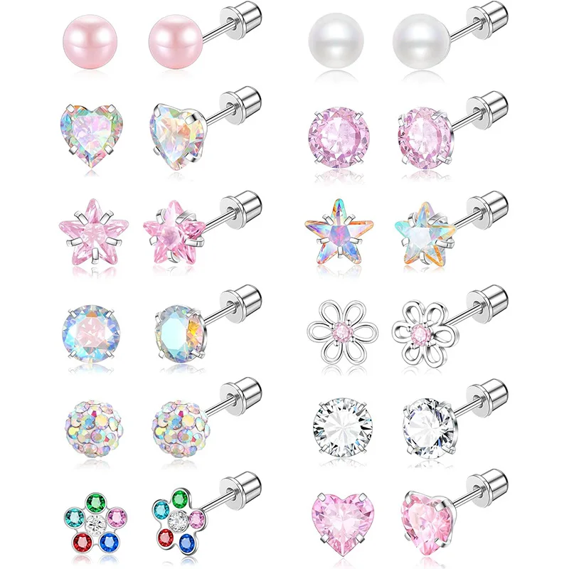 1/12Pairs Hypoallergenic Screw Back Earrings for Women Girls 316L Stainless Steel CZ Pearl Heart Flower Screwback Flat Back Stud