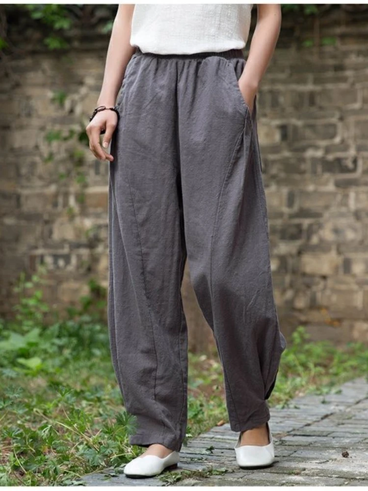 Pantalon femme en coton Printemps-Été 2026, taille haute, coupe lanterne, élégant, taille élastique, ample et décontracté