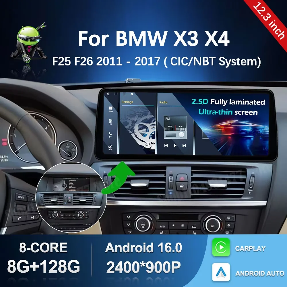 

GPS Car Audio Video Multimedia Player Android 16 for BMW X3 X4 F25 F26 2011 2012 2013 - 2017 CIC NBT System WiFi BT Carplay 4G