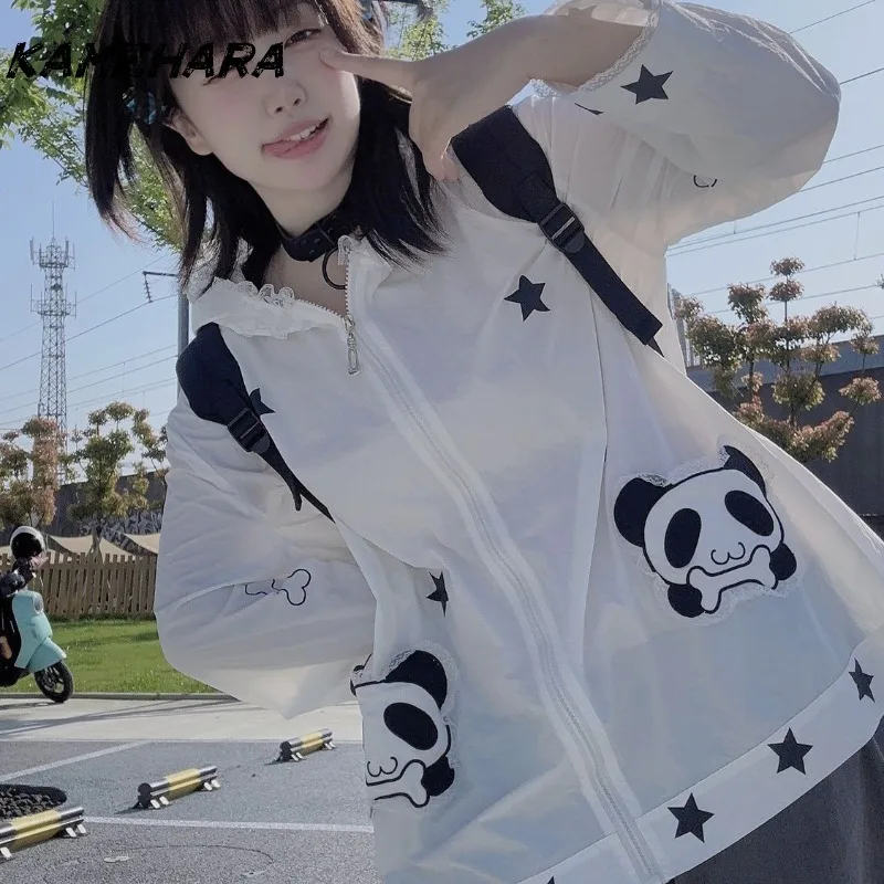 

KAMEHARA Japanese Earth Bud Girl Summer Jacket Cartoon Loose Y2k Aesthetic Hooded Coat Outdoor Sun Protection Long Sleeve Coatss