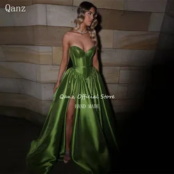 Qanz Elegant Green Party Dress Women Satin Strapless Long Prom Dresses high Slit Dubai Evening Gowns Special Occasion Customized
