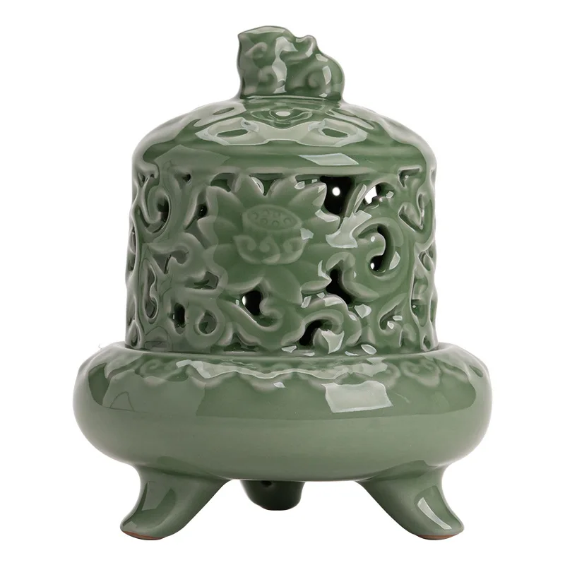 Lion dragon celadon plate ceramics, antique incense burner household incense