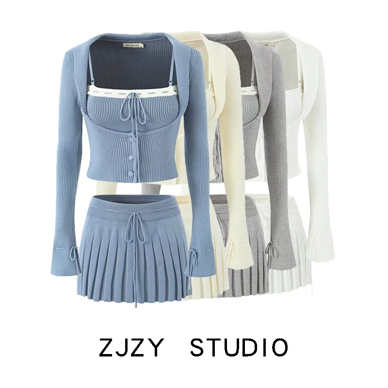 ZR Style Za Women clothes French style Niche Knitted Jacket Sling Vest Top Skirt Three-Piece Set