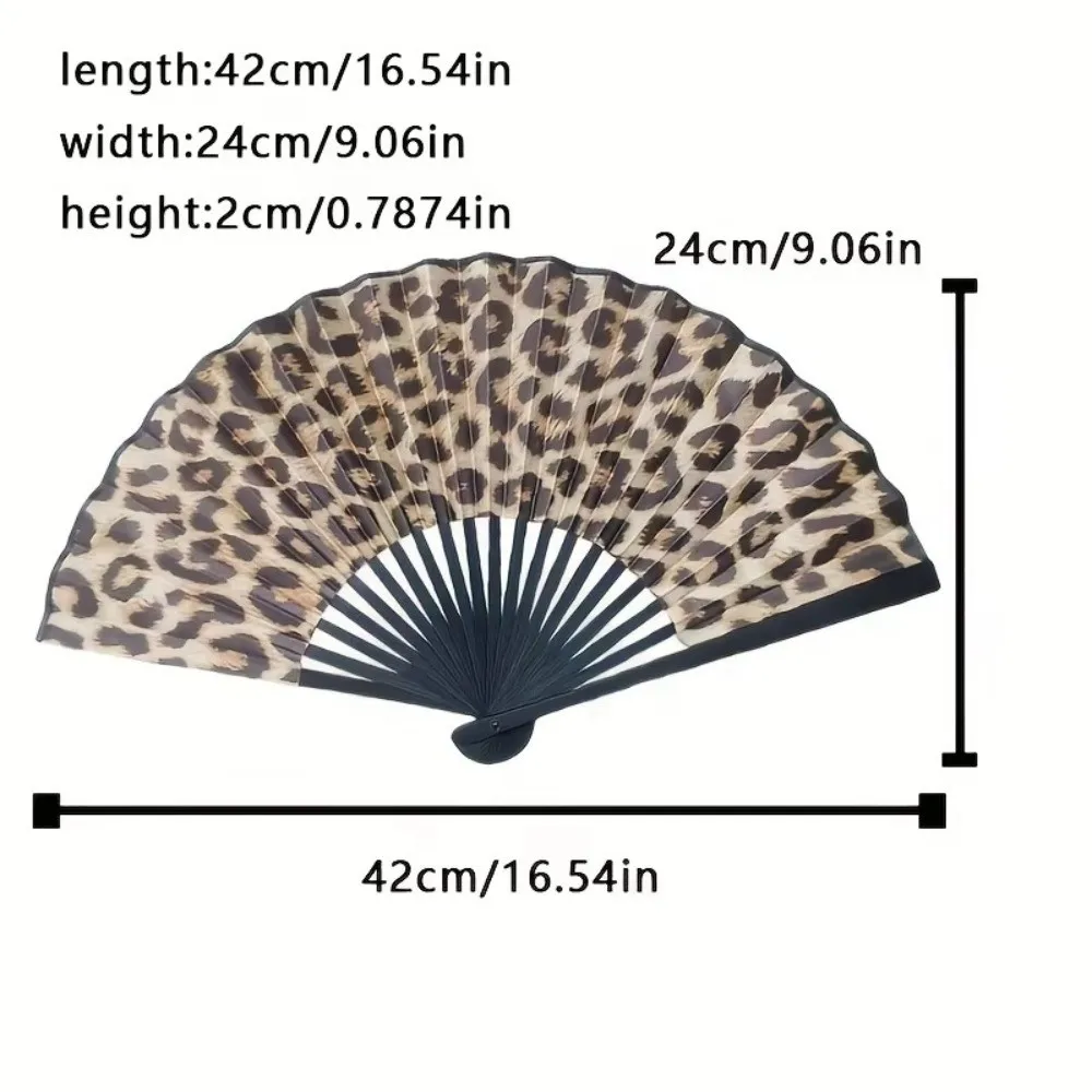 F2 New Leopard Print Folding Fan Large Elegant Classical Dance Fan with Black Frame Lightweight Hand Fold Fan Women Party Gifts