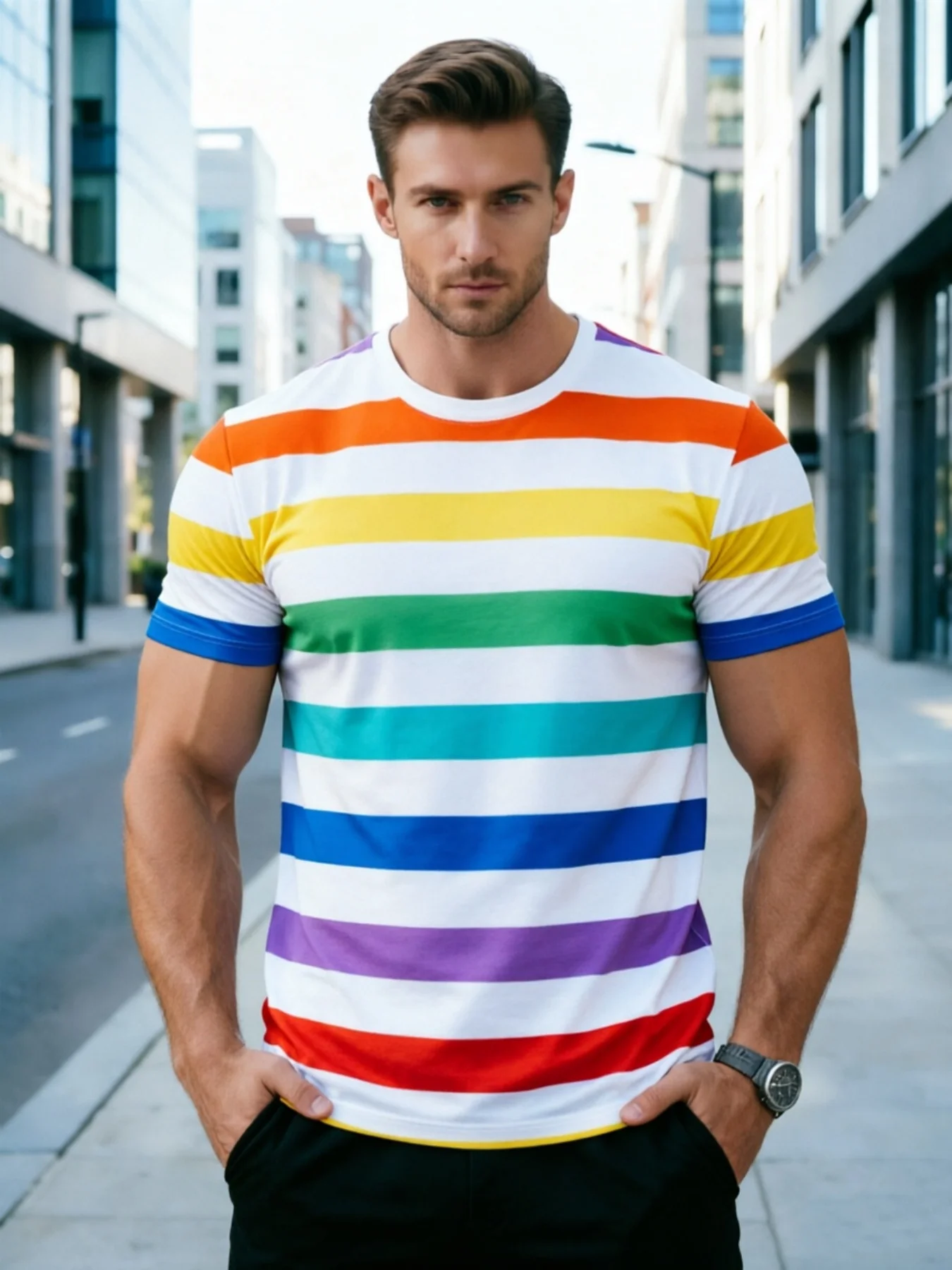 Men Mesh Sports T‑Shirt Rainbow Stripe O‑Neck Short Sleeve Summer Loose Casual Streetwear Top