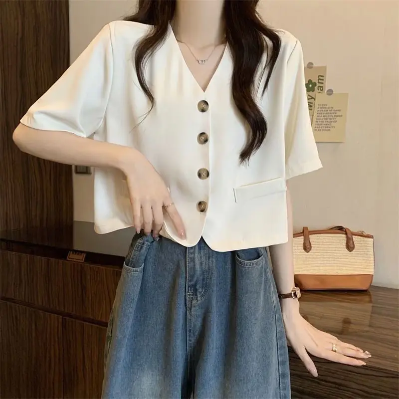 

V-neck Suit Shirt Sleeve French Chic Top Commuter Women's Short