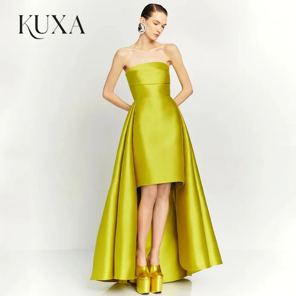 KUXA Evening Dresses for Women High-Low Strapless A Line Evening Gowns Satin Sleeveless Backless Modern Formal Customized