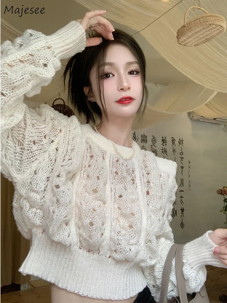 

Hollow Out Sweaters Women Crop Casual Pullover Solid Simple Tender Loose Autumn Puff Sleeve Temperament Korean Style Aesthetic