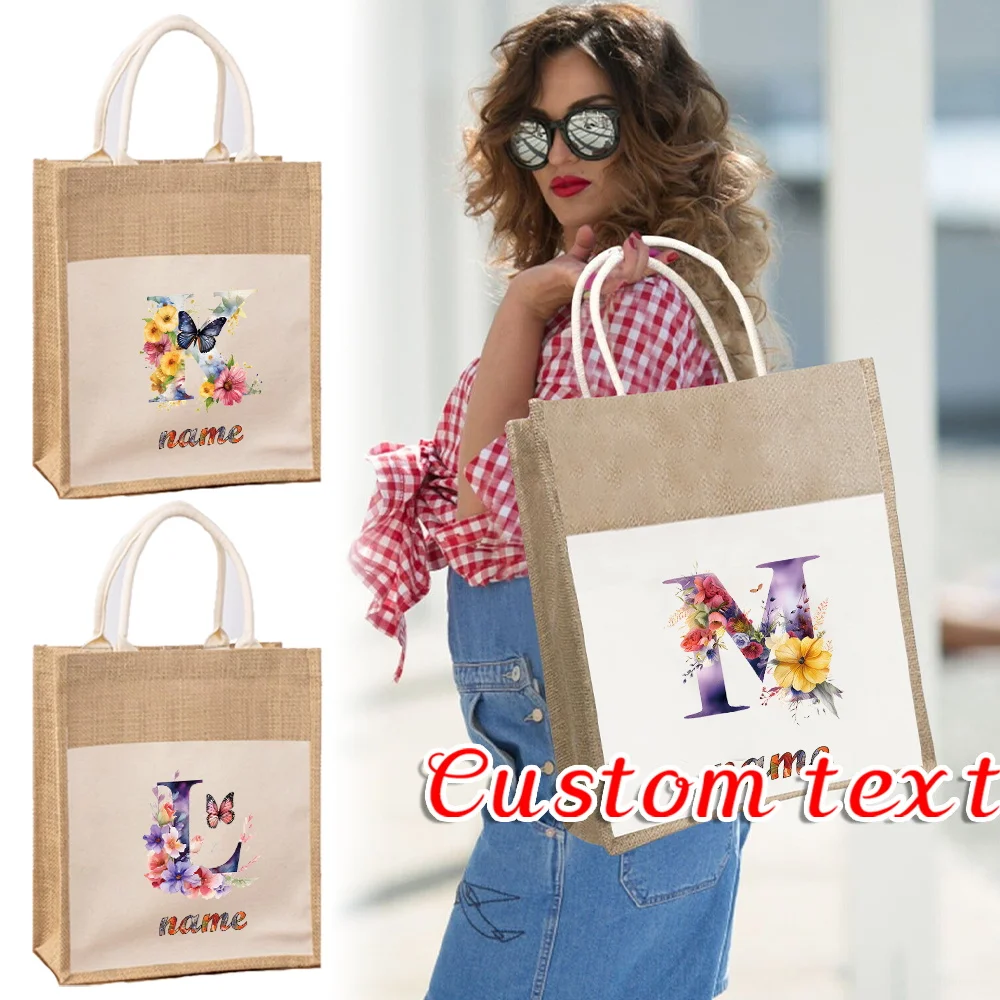 Personalized Customized Name Cotton Linen Handbag Multiple Styles Foldable Shopping Bag Organizer Pouch Beach Grocery Tote Bags