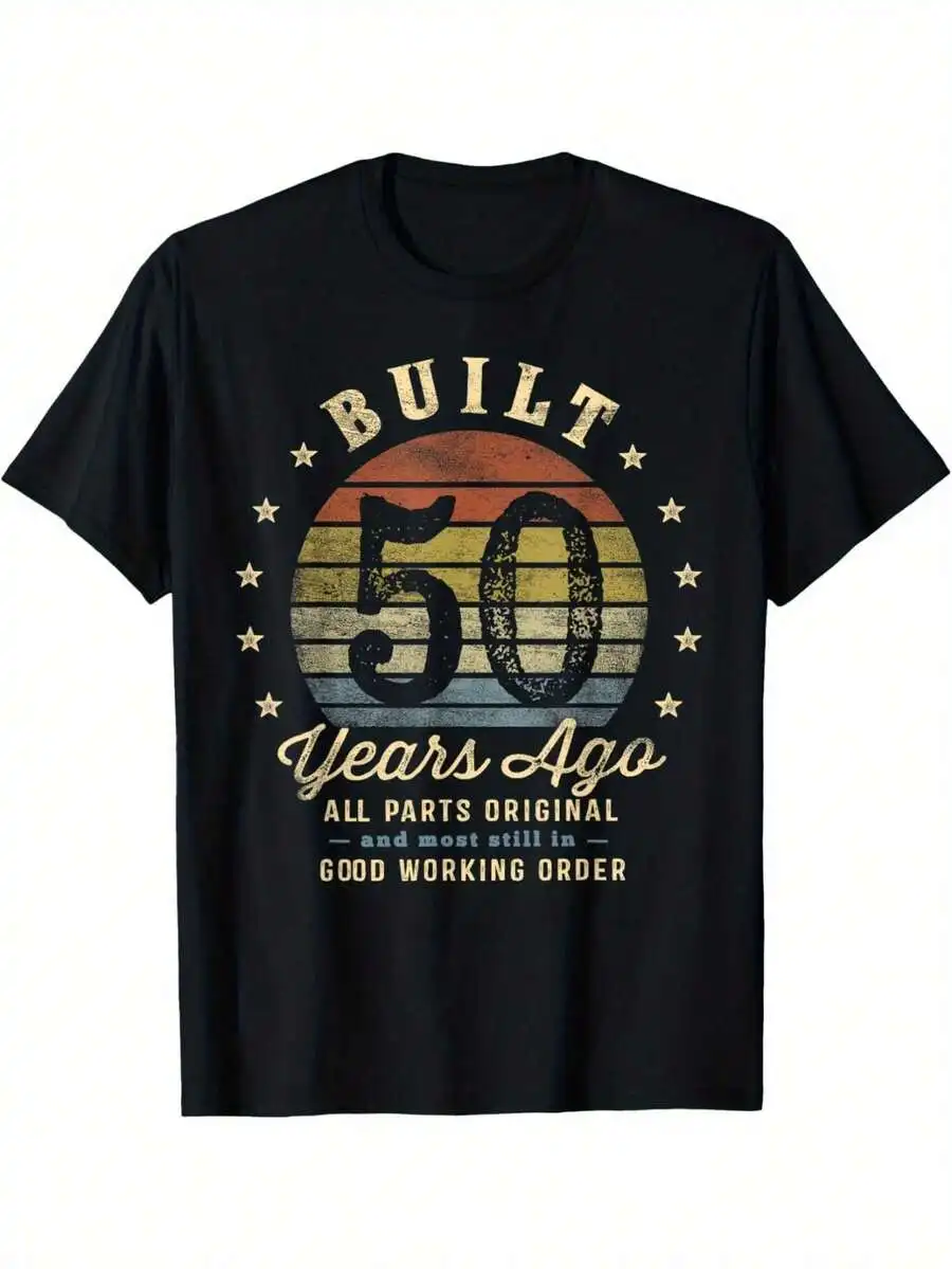 Men's Graphic Print Crew Neck T-Shirt, Men's 50th Birthday T-Shirt - Retro Graphic T-Shirt Celebrating 50 Years Of Existence, Wi