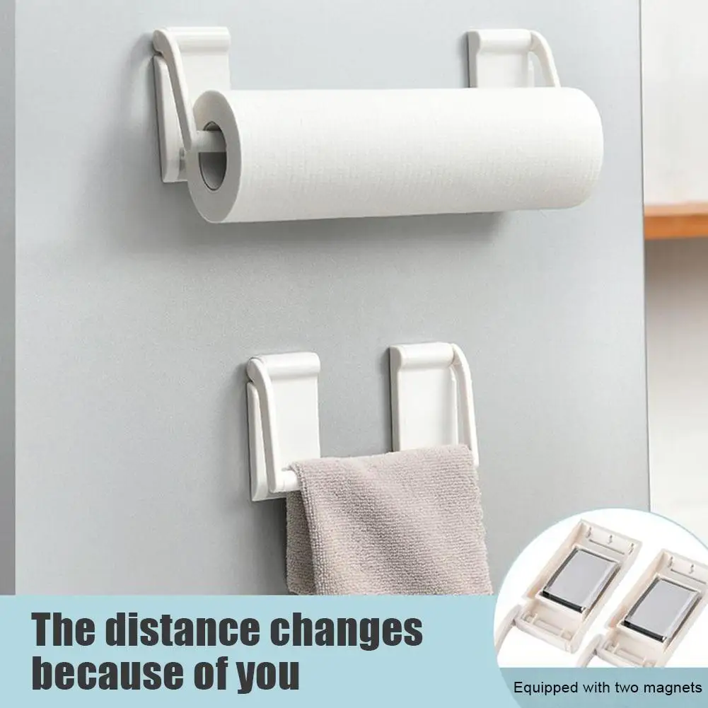 White Household Magnetic Paper Towel Holder Kitchen Roll Dishcloth Hanger Paper Film Rack Punch-free Holder Cling Storage W9M1