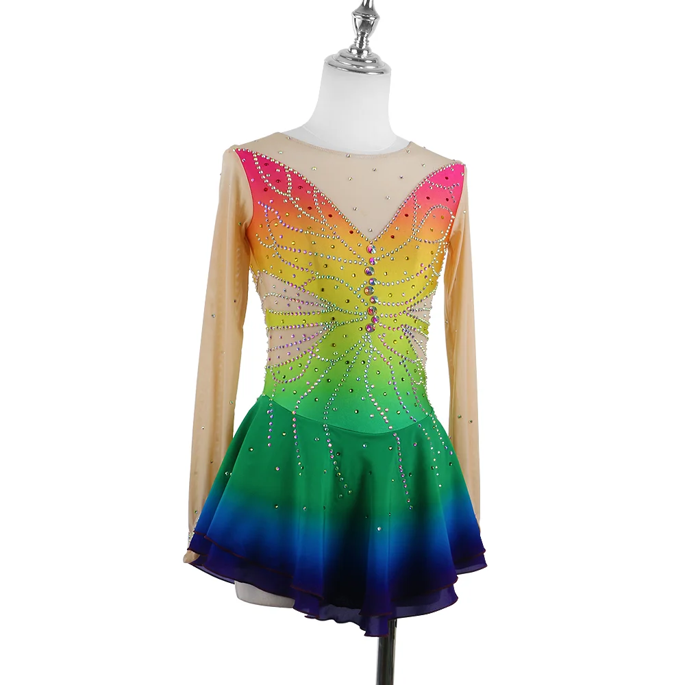 Zagitova Figure Skating Dress For Women Girls Ice Skating Skirt Long Sleeve Princess Gradient Rainbow Color Butterfly Diamonds