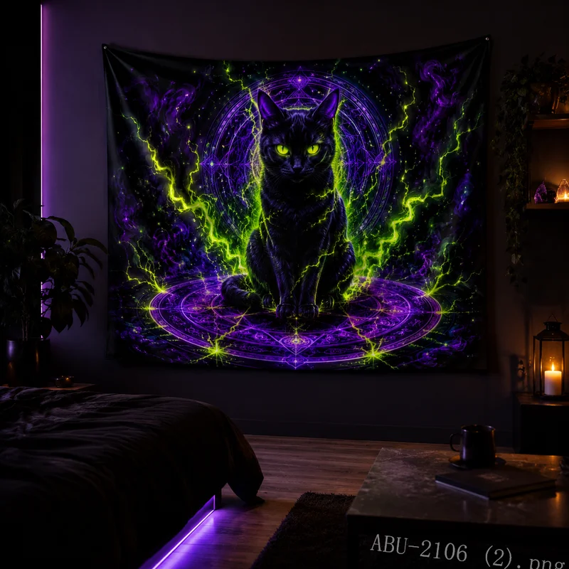 VIKAMA Psychedelic Black Cat Tapestry Magic Circle Lightning Gothic Witchy Wall Hanging Aesthetic Decor for Bedroom Dorm Room