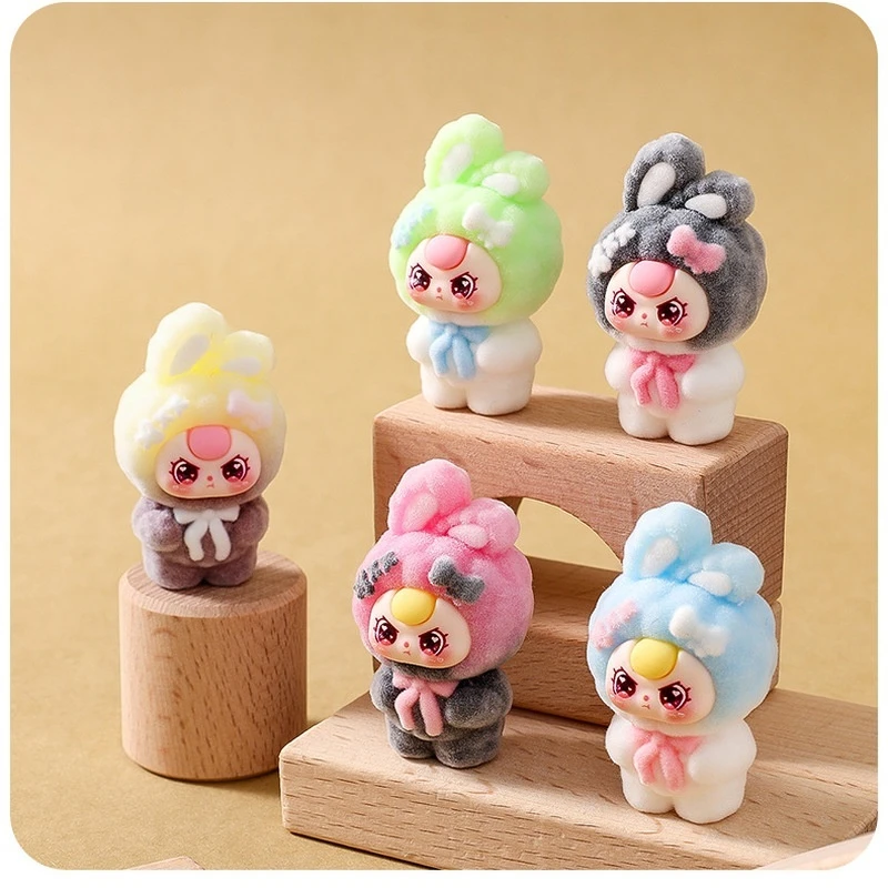 DIY BabyThree Flocking Gradient Color Blind Box Work Partner Office Desktop Decoration Kawaii Wholesale Trendy Toy surprise Gift