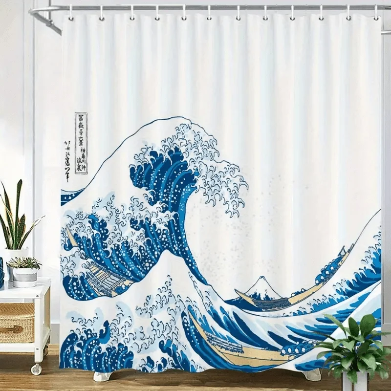 

Waterproof Shower Curtain Japanese Wave Great Blue Ocean Art Decor Bathroom Curtain Liner Nautical Style Tropical Prints Luxury