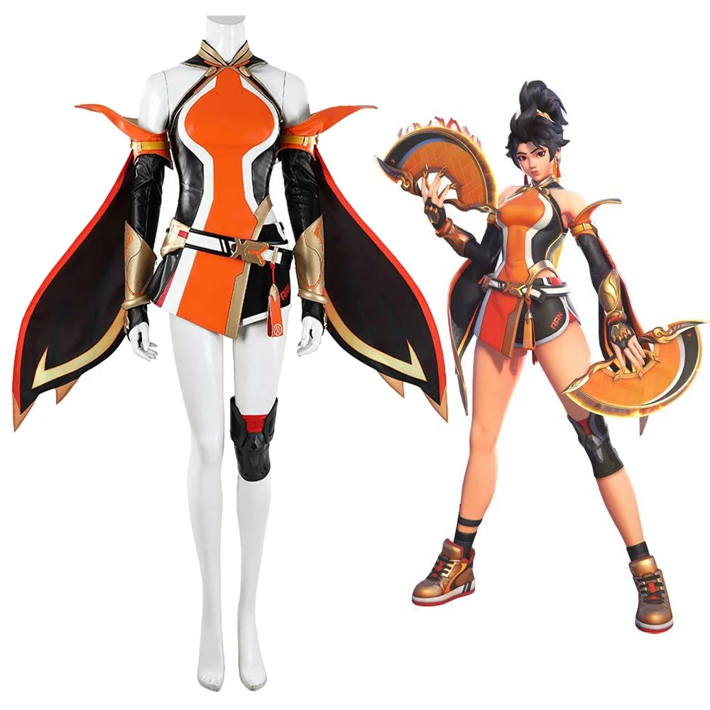 

Anran Ye Women Orange Black Anime Game Cosplay Costume Wing Sleeves Knee Pad Halloween Carnival Fancy Dress Disguise Outfit