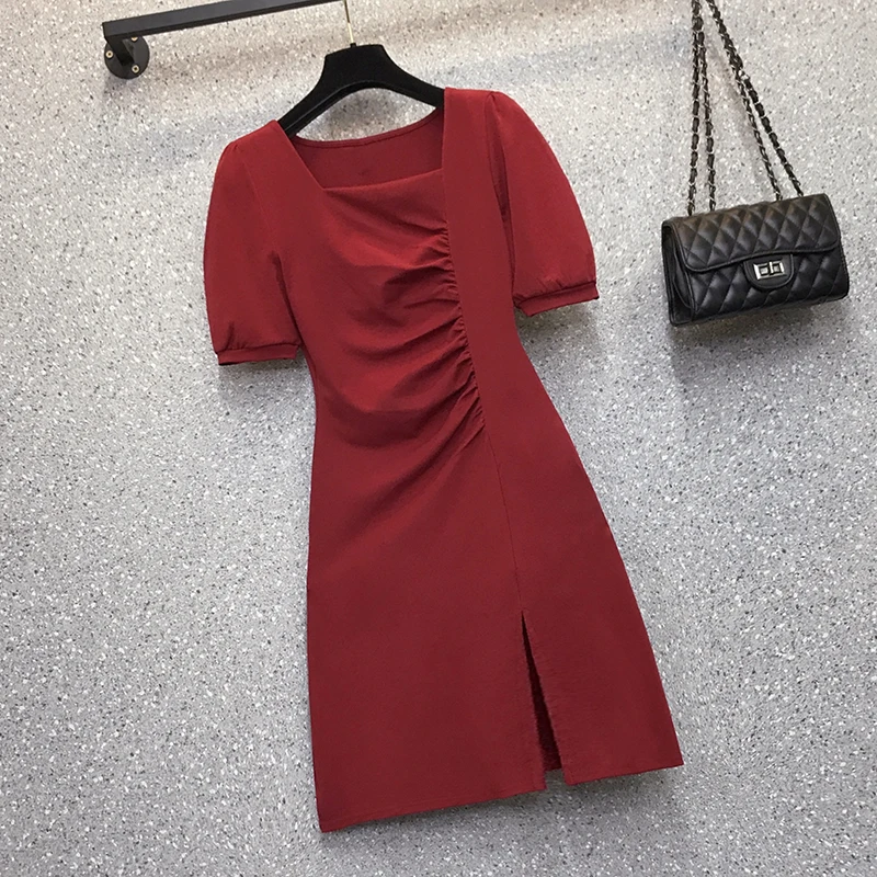 Vrouwen Rode Elegante Vierkante Kraag Mini Geplooide Jurk Zomer Korte Mouw Bodycon Office Lady Jurk 2024 Zwarte Koreaanse Vintage Jurk