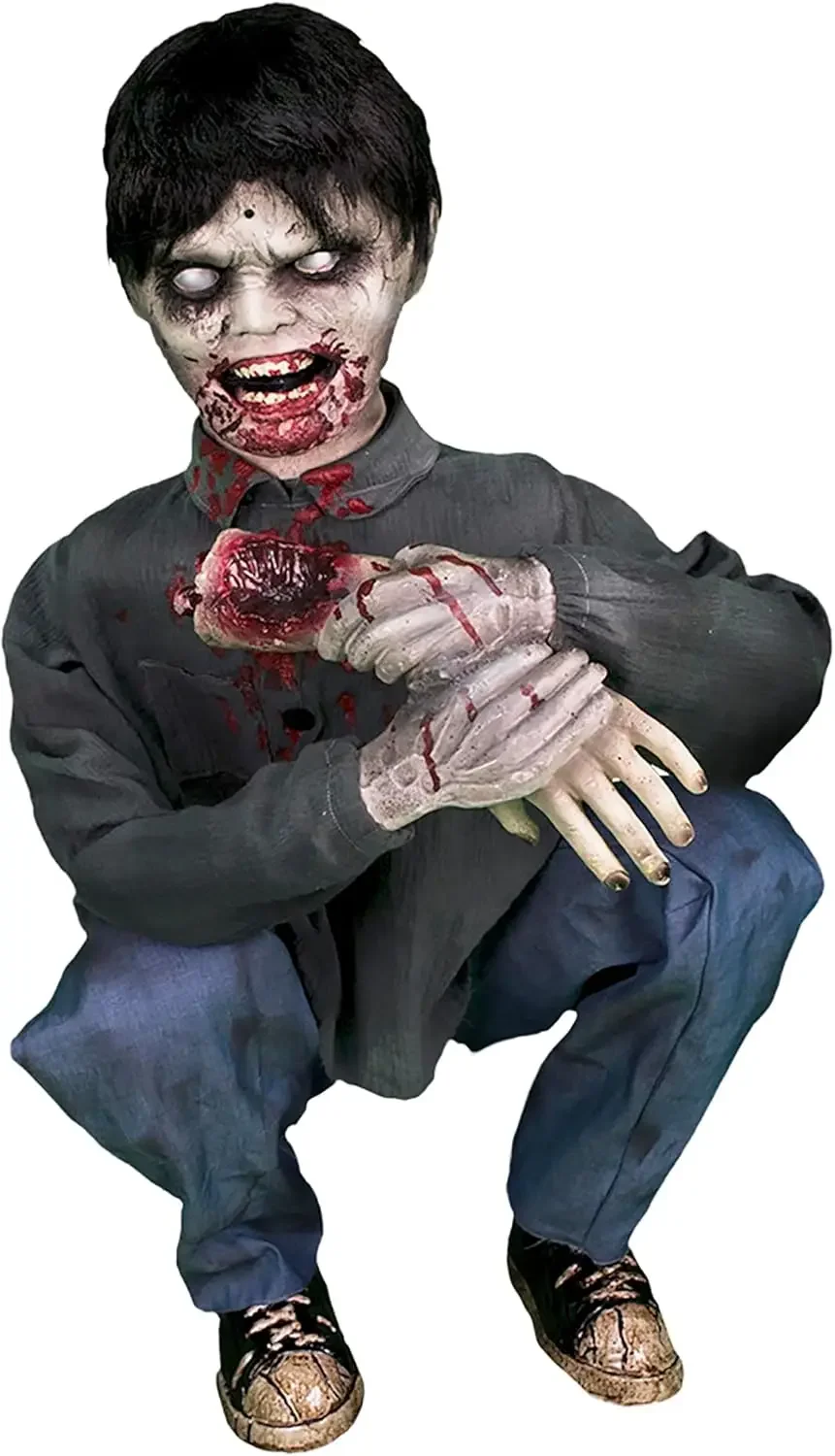 Crouching Limb Eater Zombie Boy by Tekky, Motion-Activated Halloween Animatronics for Indoor or Covered Outdoor Display