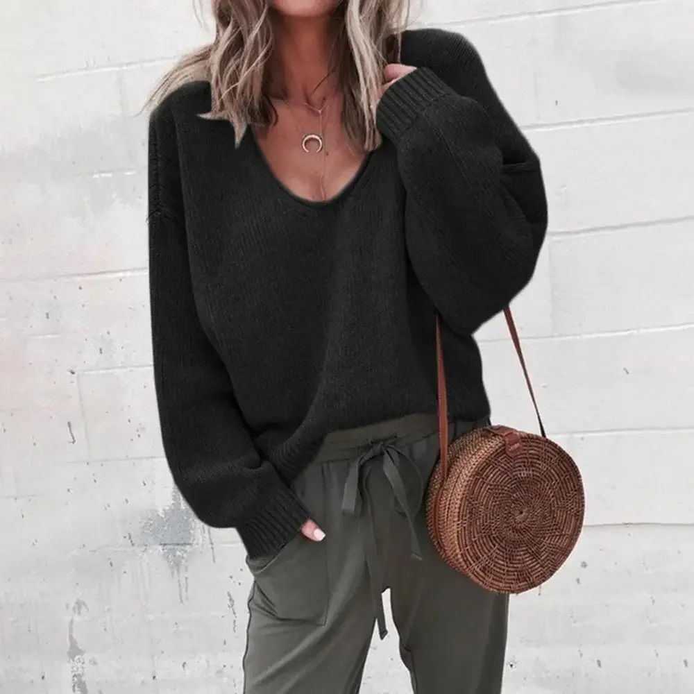 New Fashion Women Long Sleeve V Neck Knitted Sweater Casual Autumn Solid Black Loose Pullover Vintage Sweater Streetwear Jumper