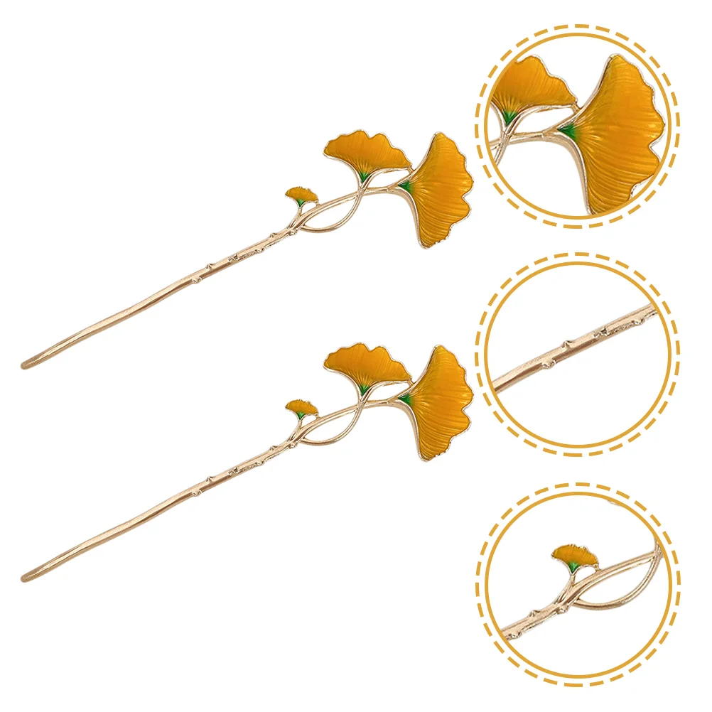 

2 Pcs Hairpin Barrettes Accessories for Women Stick Sticks Alloy Updo Women's Ginkgo Leaf Bun