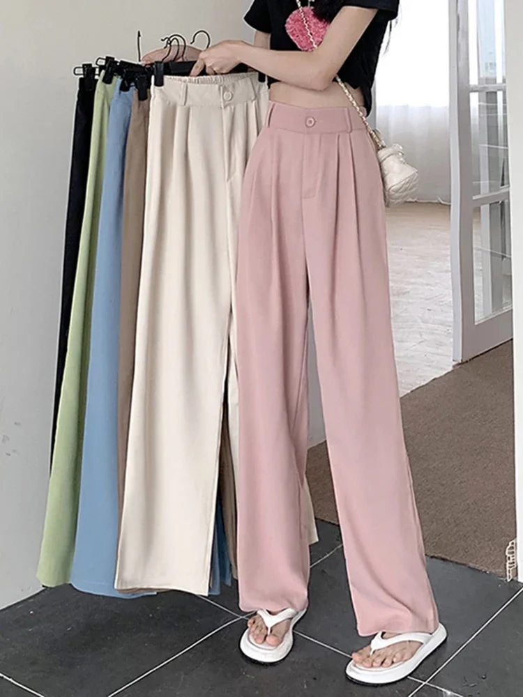 Pantaloni da tuta elastici a vita alta moda donna pantaloni Casual larghi estivi solidi dritti pantaloni coreani semplici dritti outwear novità