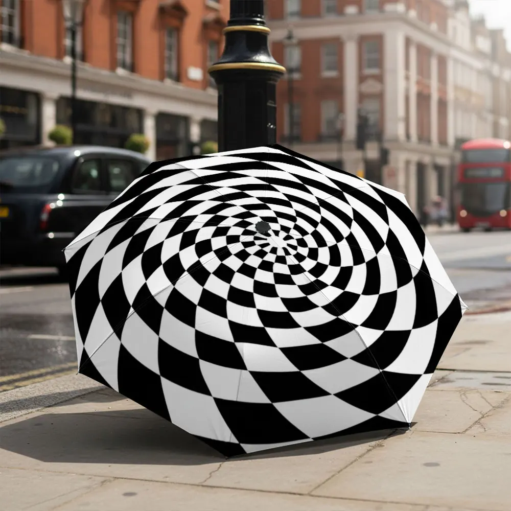 1P C Optical Illusion Pattern on a Striking Umbrella Design Print 8 Iron Ribs Folding Umbrella Auto-Open Fashion Sunshade