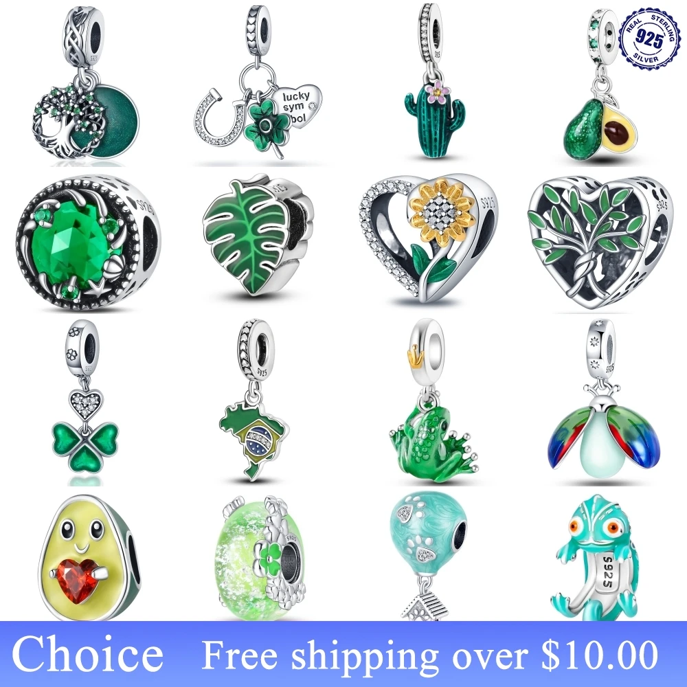 925 Sterling Silver Green Series Charms quadrifoglio avocado Beads Fit Pandora bracciale originale creazione di gioielli da donna fai da te