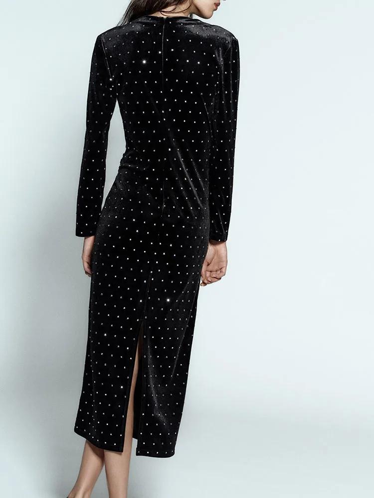 Faionable Sweet iny Bead Decorated Midi Dr New Arrival Winter 2025 Women's Long Sve mid Waist Evening Gown