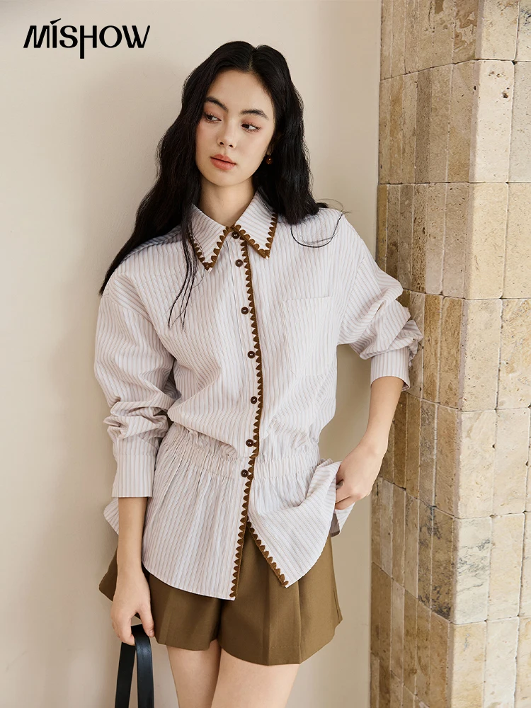 

MISHOW Striped Shirt Women 2025 Autumn Fashion Shell Embroidery Decoration Commute Top Turn-down Collar Casual Shirt MXE46C2416