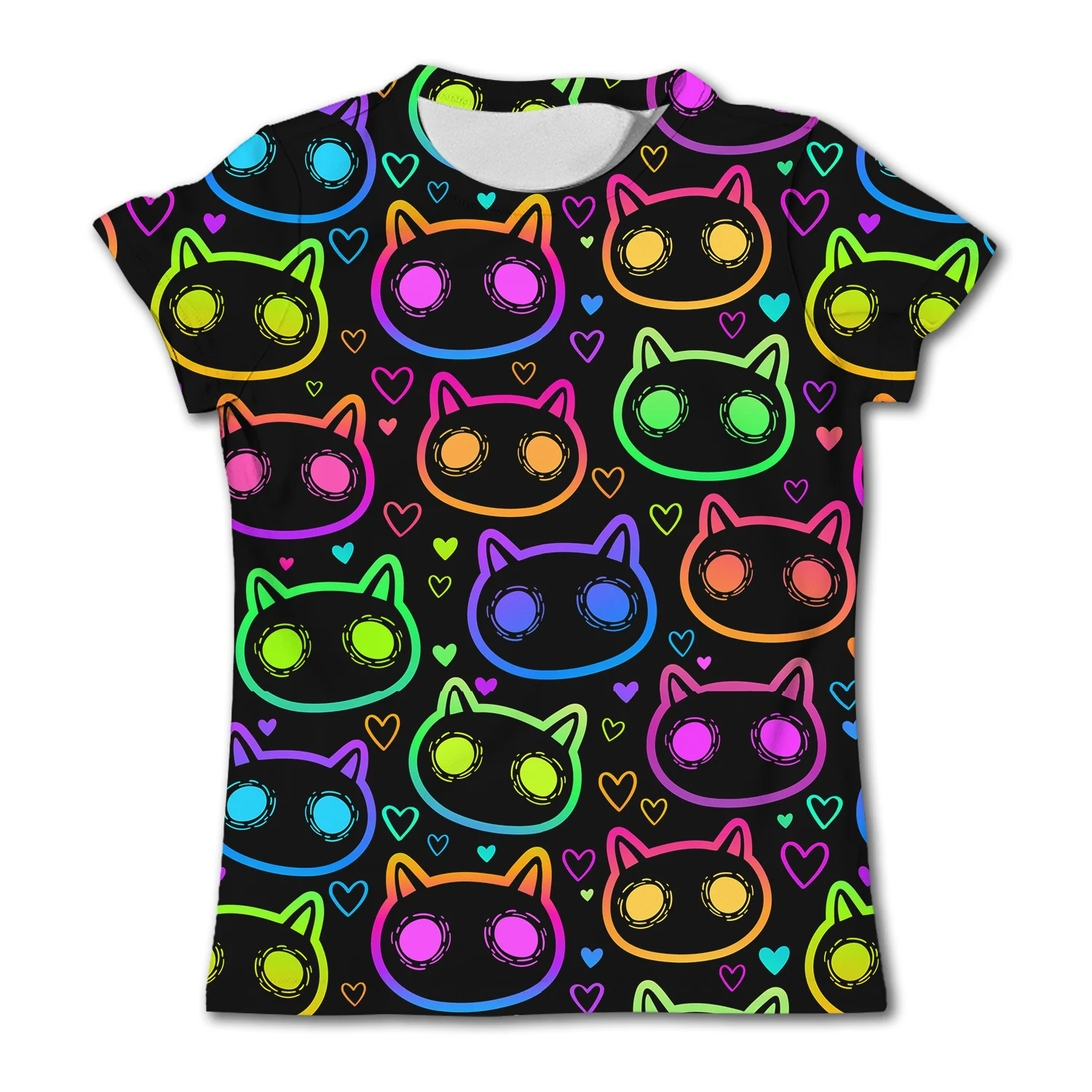 

Cute Colorful Cat T-Shirt for Girls Short Sleeve Summer Top Casual Cartoon Kids Clothes