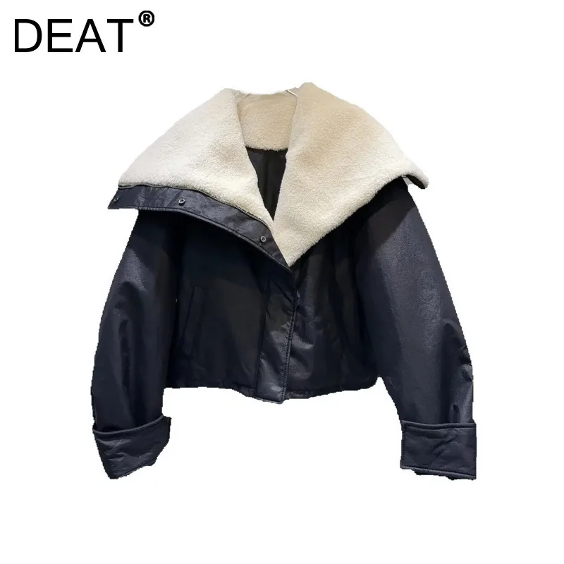 DEAT Women's Coat Fleece Sailor Collar Contrast Color Loose Zipper Drawstring Cotton-padded Top 2024 New Fashion Winter 11A01518