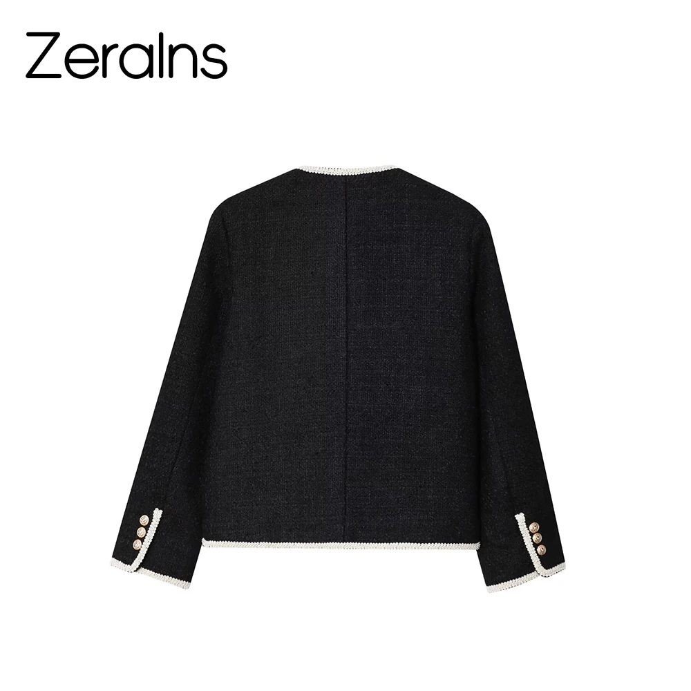 ZERAINS French temperament small fragrance style contrasting color round neck casual jacket spring new lace coarse woolen top