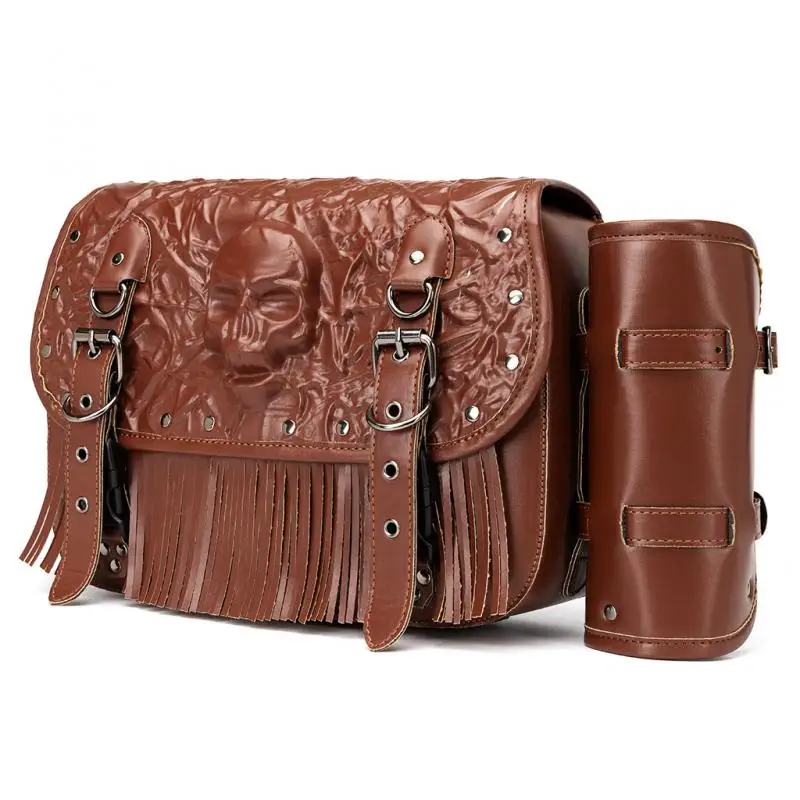 Cruiser Motorcycle Side Bag Punk Style Skull Embossed Fringe Decor Steampunk Gothic Vintage Waterproof Storage Pouch Chopper