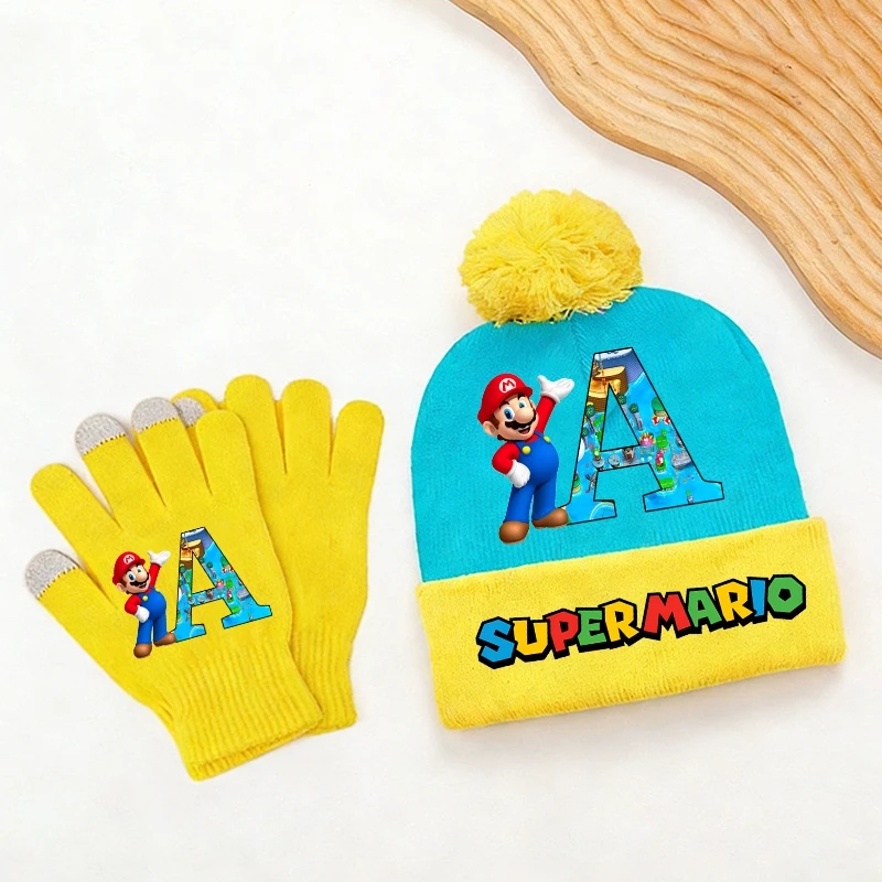 

2 шт., вязаная шапка Super Marios, комплект перчаток, вязаная шапка с надписью для мальчиков и девочек, аниме, каваи, перчатки, детские зимние теплые аксессуары, подарок