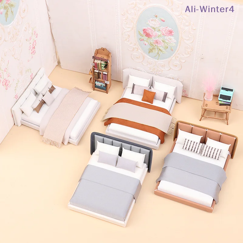 

【Winter4】Dollhouse New Cream Style Double Bed Model Micro Scene Model Miniature Furniture Dolls Accessory Simulated Furniture
