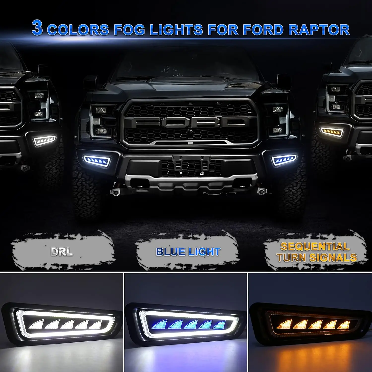 MOVOTOR Waterproof Bumper Fog Lights with Ice Blue LED Amber Sequential Turn Signal Fog Lights for 2017-2020 Ford F150 Raptor