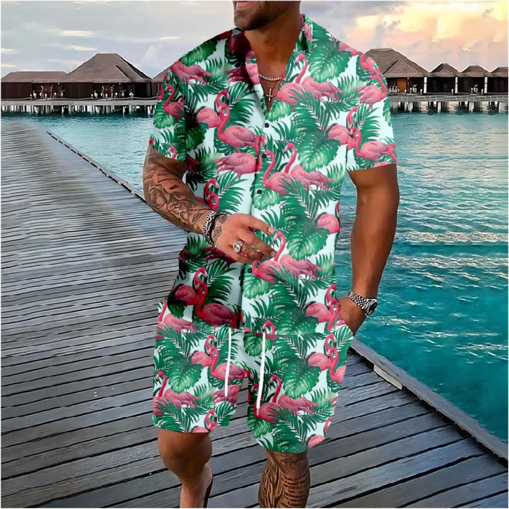Conjunto de 2 uds de camisa de manga corta con estampado 3d de árbol de coco y flamenco hawaiano, ropa de playa informal para vacaciones, trajes de 2 piezas, ropa para hombre
