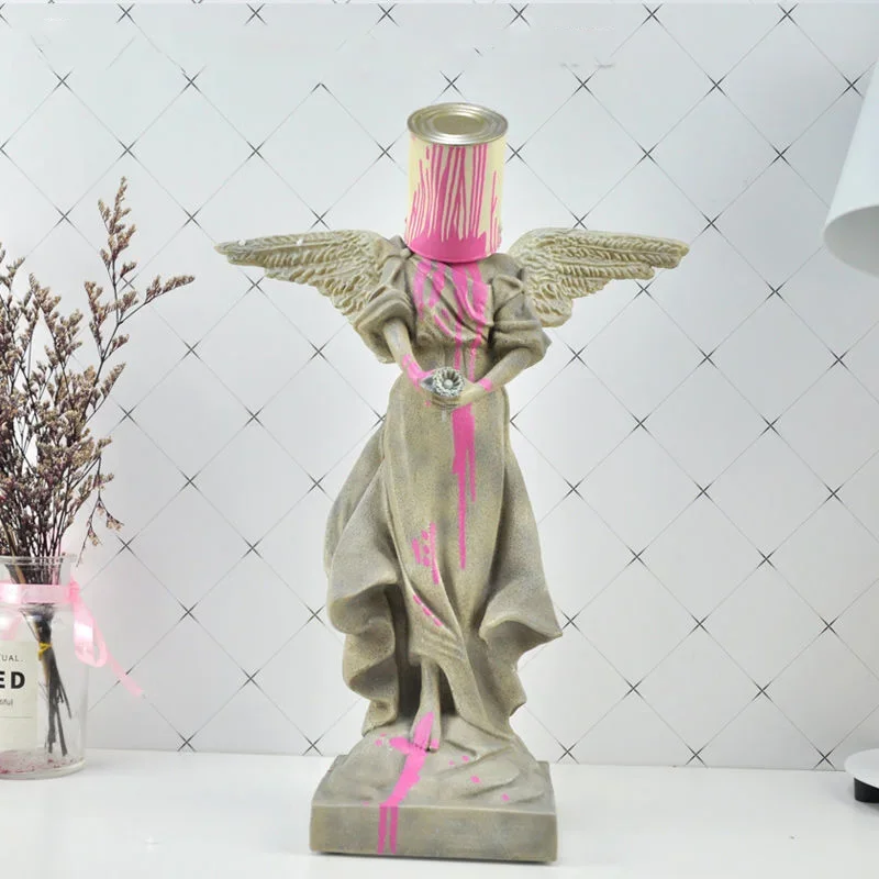 Banksy Top Street Art Figurine,Nordic Modern Art Home Decor Statue,Pour Paint Lron Bucket Angel Resin Sculpture,Home Decoration