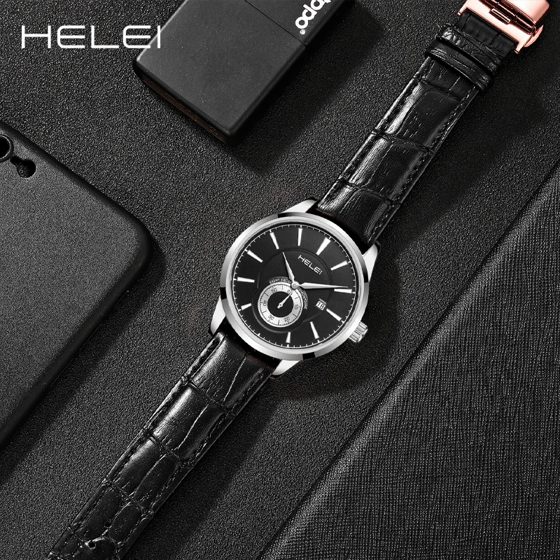 남성용 럭셔리 쿼츠 시계, 가죽 쿼츠 시계, 셀프 와인딩 캘린더 디스플레이 바 다이얼, 비즈니스 포인터 시계, HELEI2024