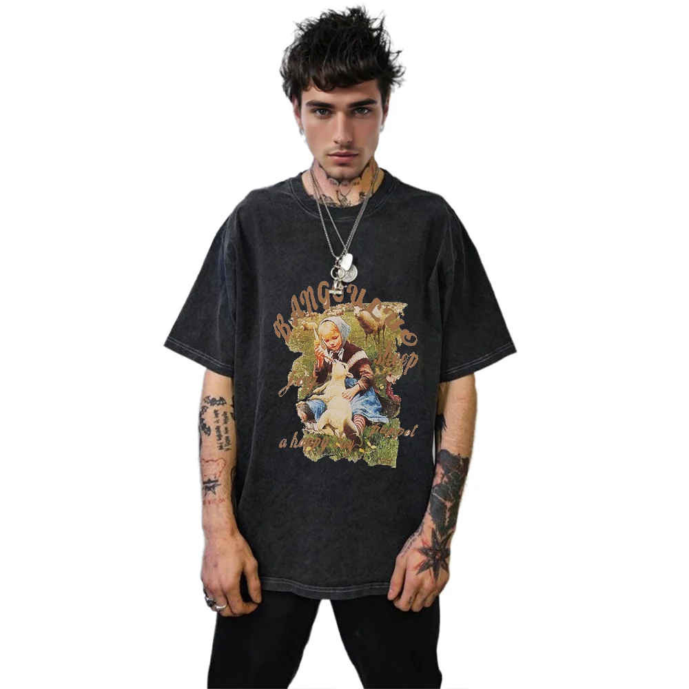 Artículo de tendencia de verano Camiseta estampada con ilustración Retro lavada Vintage de algodón puro Interpretación transpirable Arte callejero Cool Vibe